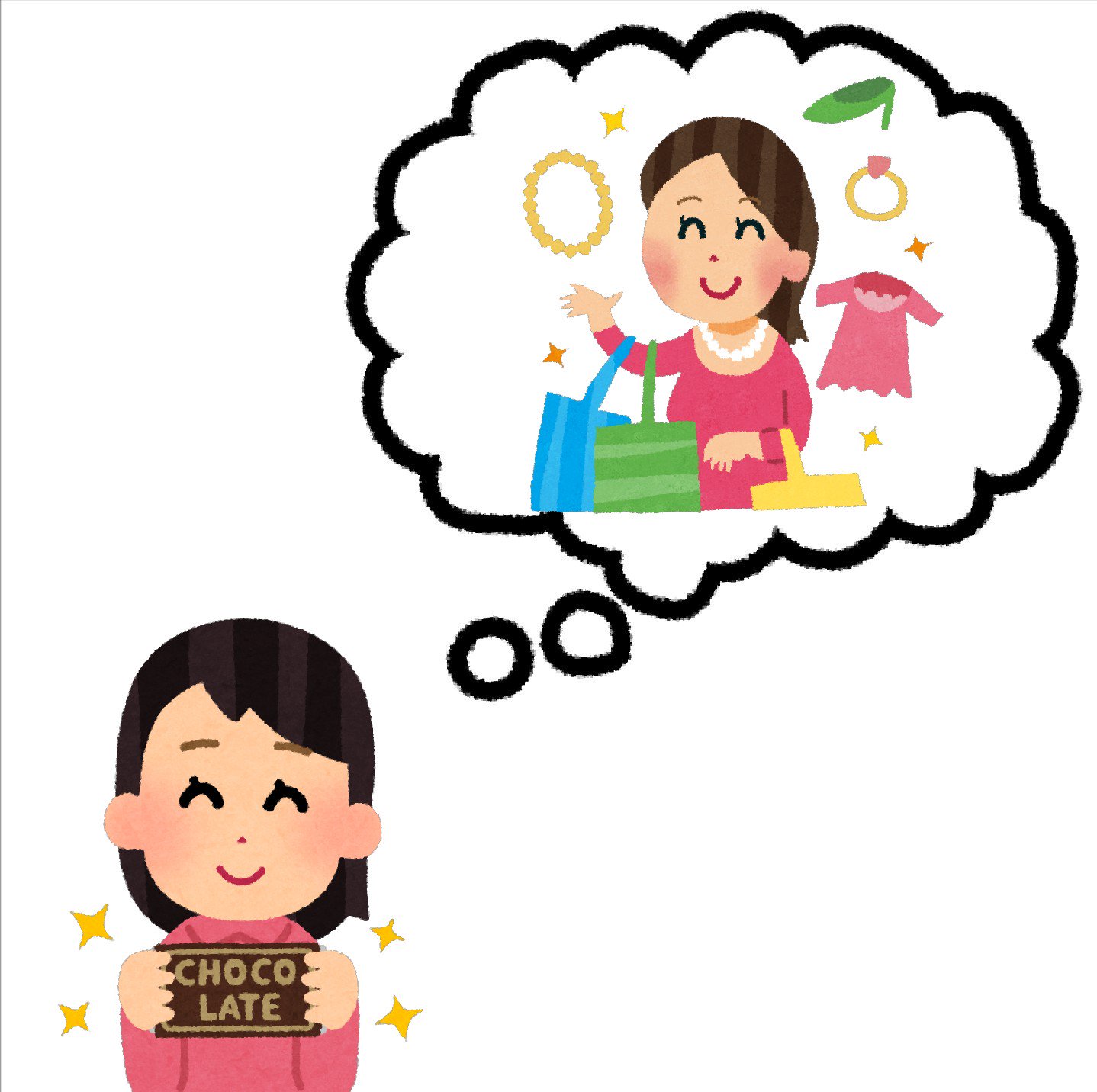 まいチクをいらすとやで再現 Dayukoume 再現難易度 使ったイラスト 3枚 ふきだしのイラスト ショッピングのイラスト 買い物をしている女性 嬉しそうにチョコレートを持っている人のイラスト 女性 まいにちチクショー T Co Vdhzz475xn Twitter