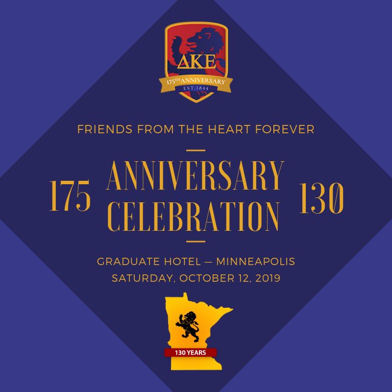 DEKES ASSEMBLE! 

Join fellow Dekes and their guests in celebrating the Fraternity’s 175th Anniversary and Phi Epsilon’s 130th year at the U. 

Saturday, October 12th, 6-11 PM
Open Bar &amp; Hors D’oeurves

Tickets &amp; Details: bit.ly/PhiEpsilon130