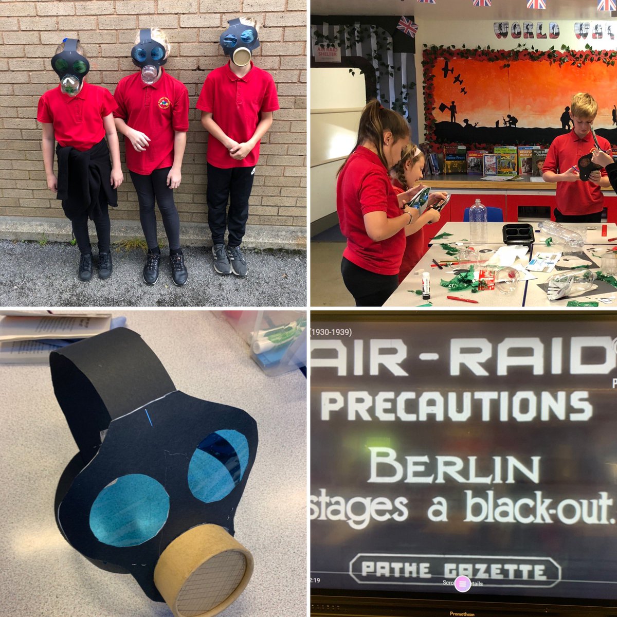 BrunswickS13's tweet photo. The Year 6 pupils have been time travelling this morning back to the blitz. They used their new gas masks to rehearse what to do in an air- raid. #duckandcover #hooksforlearning #excitinglearning #achildswar https://t.co/IclvCT0xma