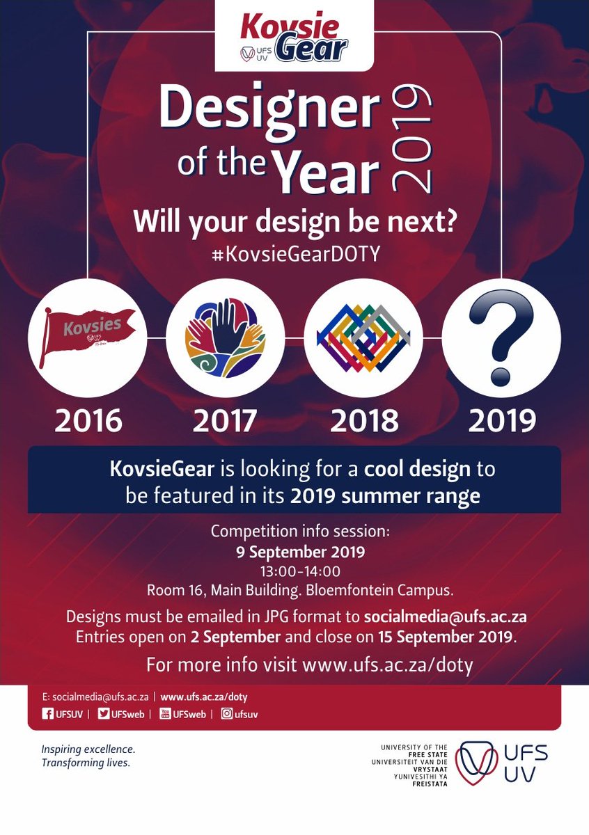 UFSweb's tweet photo. #KovsieGear is looking for a fresh design to be featured in its limited summer range as well as its 2019/2020 catalogue. Entries are open and close on 15 September 2019. There's exciting prizes to be won!
Will you be the next #KovsieGearDOTY?
Details: https://t.co/FPLMmOfIra https://t.co/pFCyfImv6w