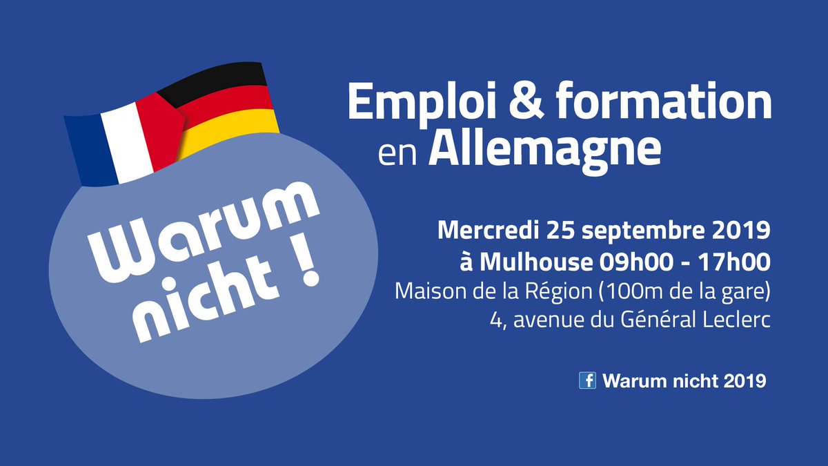 Vous habitez la région de <a href="/mulhouse/">Ville de Mulhouse</a>? Venez nous rencontrer le 25/09 au salon 🇫🇷🇩🇪 #WarumNicht de <a href="/mefdemulhouse/">MEF Mulhouse</a>! Nous vous proposerons des entretiens individuels, un guide et deux conférences sur la recherche d'#emploi, de job et de #stage en #Allemagne ⏩ t1p.de/sbxw