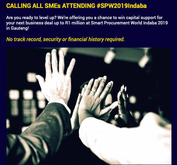ProfitShare1's tweet photo. We’re doing it again! We’re taking our R1 million in Capital Support Competition to the #SPW2019Indaba @SmartProcure from 17 – 18 September 2019. Will you be our next winner? #callingSMEs #winuptoR1million #capitalsupport 
Find out more:
https://t.co/zVYCKdP1Vb https://t.co/5qUBWgFRED
