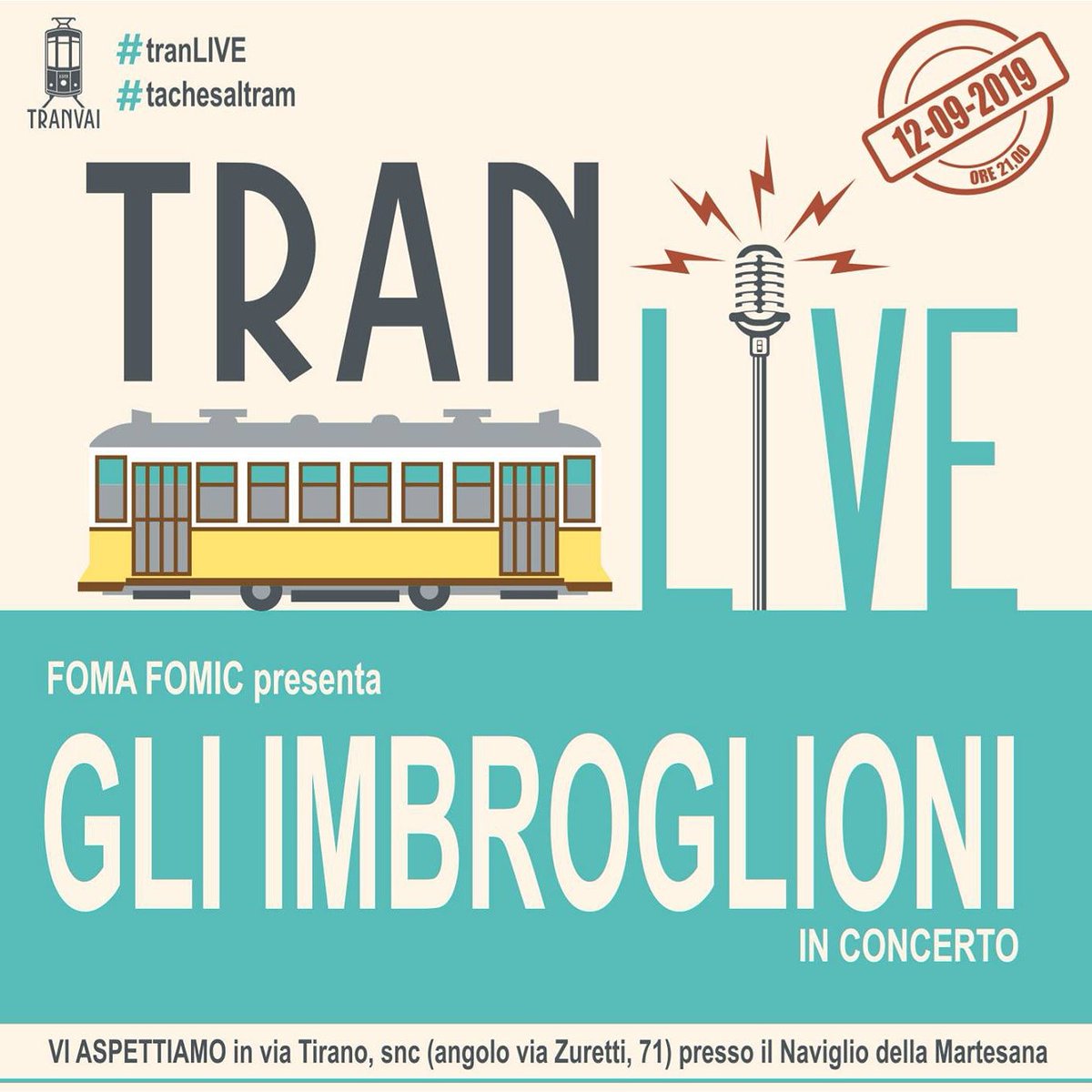 Amici Milanesi!
Giovedì 12 set. alle 21 faremo un #liveacustico al #Tranvai sul #NaviglioMartesana a #Milano.
Vi aspettiamo!
#gliimbroglioni #tranlive #tachesaltram