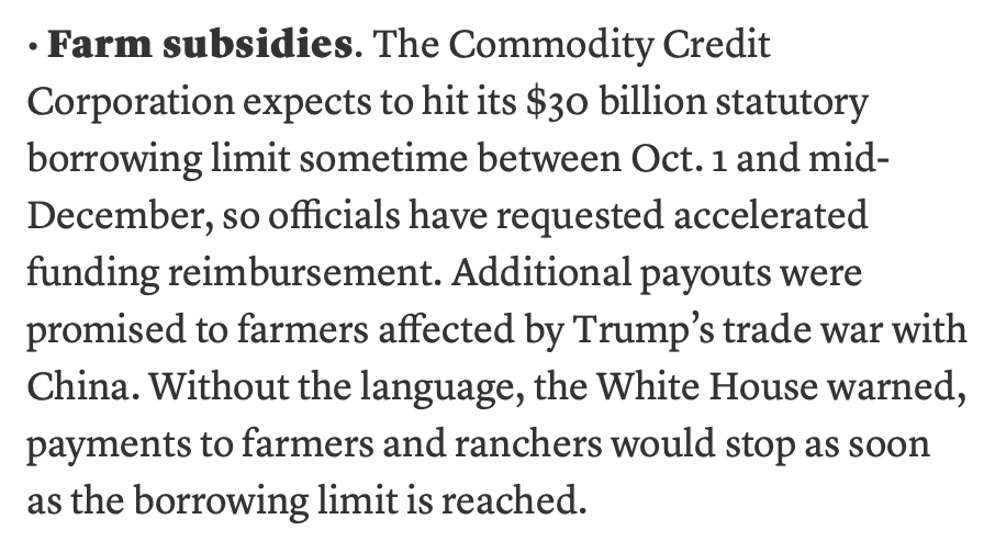commodityweek's tweet photo. The CCC, used to fund #MFP2, has a $30 billion limit. Roll Call reports the Trump Admin has asked congress for a Continuing Resolution and or for accelerated funding reimbursement. Payments could be halted sometime between Oct 1 &amp; mid-Dec if no action is taken. https://t.co/WmUzoD0zJX