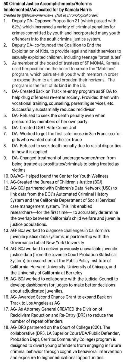 Here are 50 things  #Kamala has done for  #CriminalJusticeReform as a prosecutor, District Attorney, Attorney General, and US Senator. It is impossible to capture how arduous these things were in a bullet point but for decades  #KamalaHarris has been in this fight, period.