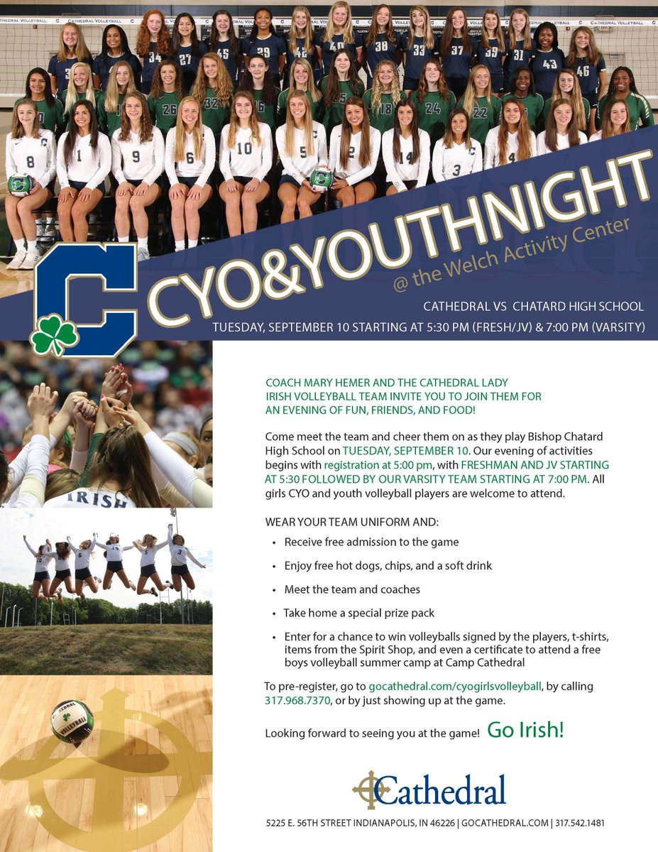 It's @gocathedral CYO/Youth Girls' Volleyball Night! Join the Fighting Irish as they take Bishop Chatard. All the fun starts at 5:30. See you tonight!
