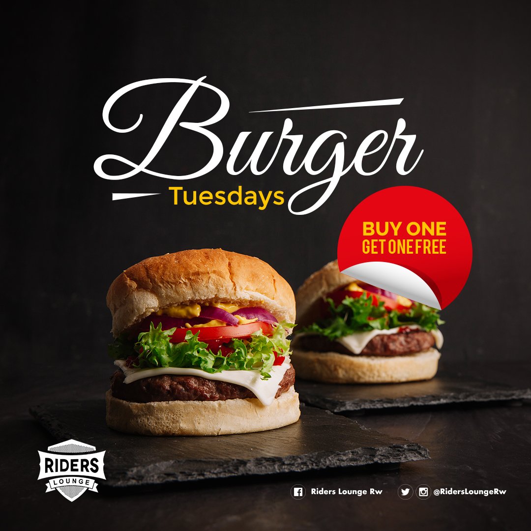 ridersloungerw's tweet photo. Today is Two'sday, the best day for Burger lovers visiting Riders Lounge. #Buy1Get1FreeBurger at #RidersLounge in @KigaliHeights and enjoy your best #Africa-n Beats courtesy of the Best DJs in @CityofKigali
.
.
#Burger2sDay #TasteRwanda #VisitRwanda #Kigali #Rwanda https://t.co/31ww0t3mmL