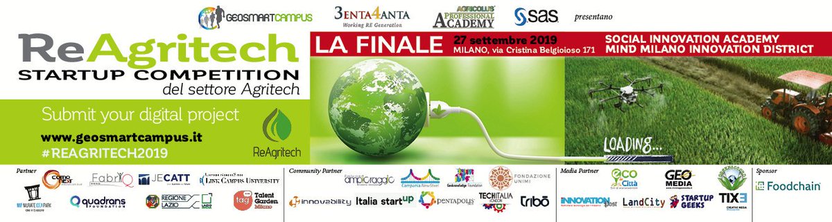 murateideapark's tweet photo. Il 27 Settembre 2019 si svolgerà a Milano la finale di #ReAgritech, l'evento dedicato all'innovazione del settore agricolo!🌱
.@geosmartcampus 

Maggiori info ⬇
https://t.co/qjnMrGrRtN https://t.co/KWpmEyA45q