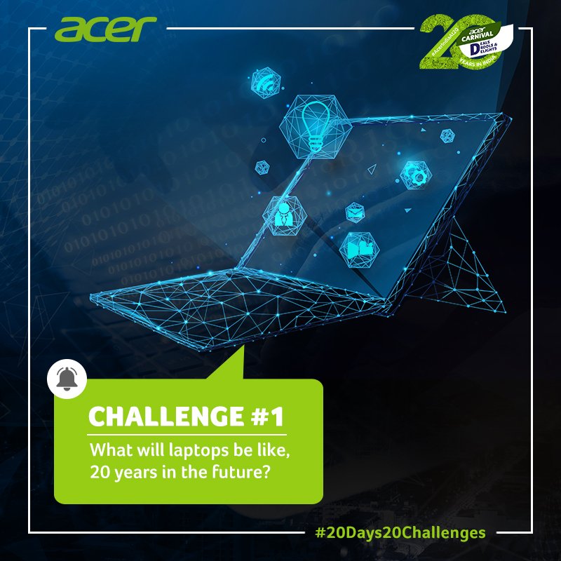 The 1st challenge is out! Tell us what you think laptops will be like 20 years from now. Include #20Days20Challenges and #AcerIndiaAt20 in your answer. The most interesting answers could win you a brand new #AcerLaptop. 20 laptops to be won across 20 days!

#ContestAlert #Contest
