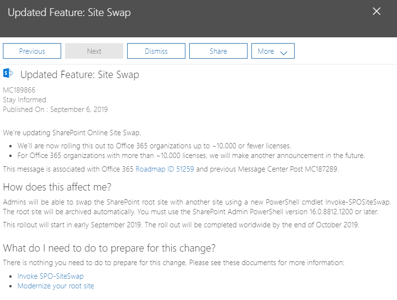dcpadur's tweet photo. Now more customers can have a modern #sharepoint communication site at their root. Site swap is now available for all organizations with 10000 seats or less. Read more here https://t.co/p347oZ7iei

Are you IN ? If you are, how has this changed your life ? https://t.co/L5F437u4sE