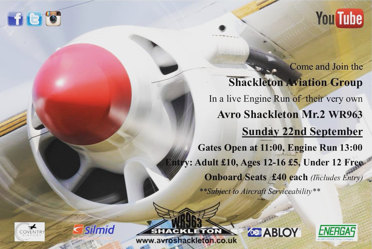 avroshackleton's tweet photo. Engine Run - Sunday 22nd September 

** PRE BOOKING REQUIRED **

** Ticket Sales Close Friday 20th September @ 1700 **

Join the Shackleton Aviation Group at Coventry Airport for a static Engine Run of Avro Shackleton MR.2 WR963.

£40 each (including gate entry).
#forourforces https://t.co/g12H7IxnlV