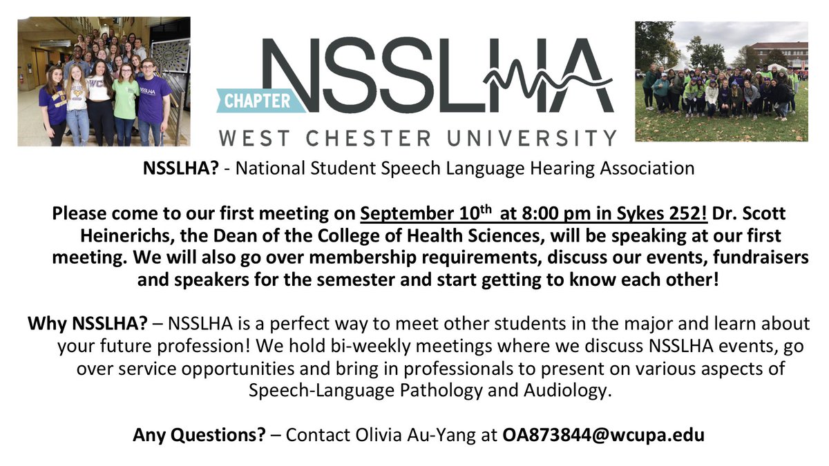 A reminder that our first NSSLHA meeting is TONIGHT at 8pm in Sykes 252! We will go over events, fundraisers, volunteer opportunities and introduce a new punch card meeting incentive. Dean Heinerichs will also be speaking at the meeting! We hope to see you all there!