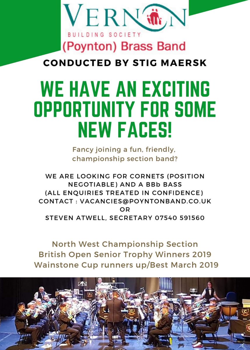 VBSPoyntonBand's tweet photo. After our fabulous run of contest results 🏆🏆 we now have vacancies for #cornet and BBb #tuba players. If you fancy a new challenge come and join our fun and friendly team. #brassband #cornetplayers #tubaplayers 🎺🏆👇 https://t.co/RR8xS2H9iv