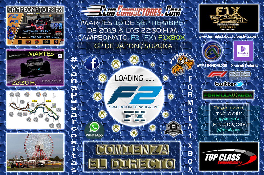 Esta noche 10 de septiembre a las 22:30,nueva entrega del campeonato F2  <a href="/Xbox/">Xbox</a>, gran premio de <a href="/suzuka/">Suzuka</a> con los  monoplazas de f2 y con  el gran comentarista <a href="/formula1virtual/">Formula 1 Virtual</a>  <a href="/cocoloco300/">cocoloco29</a> 
iiiNO OS LO PERDAIS!!😉😉