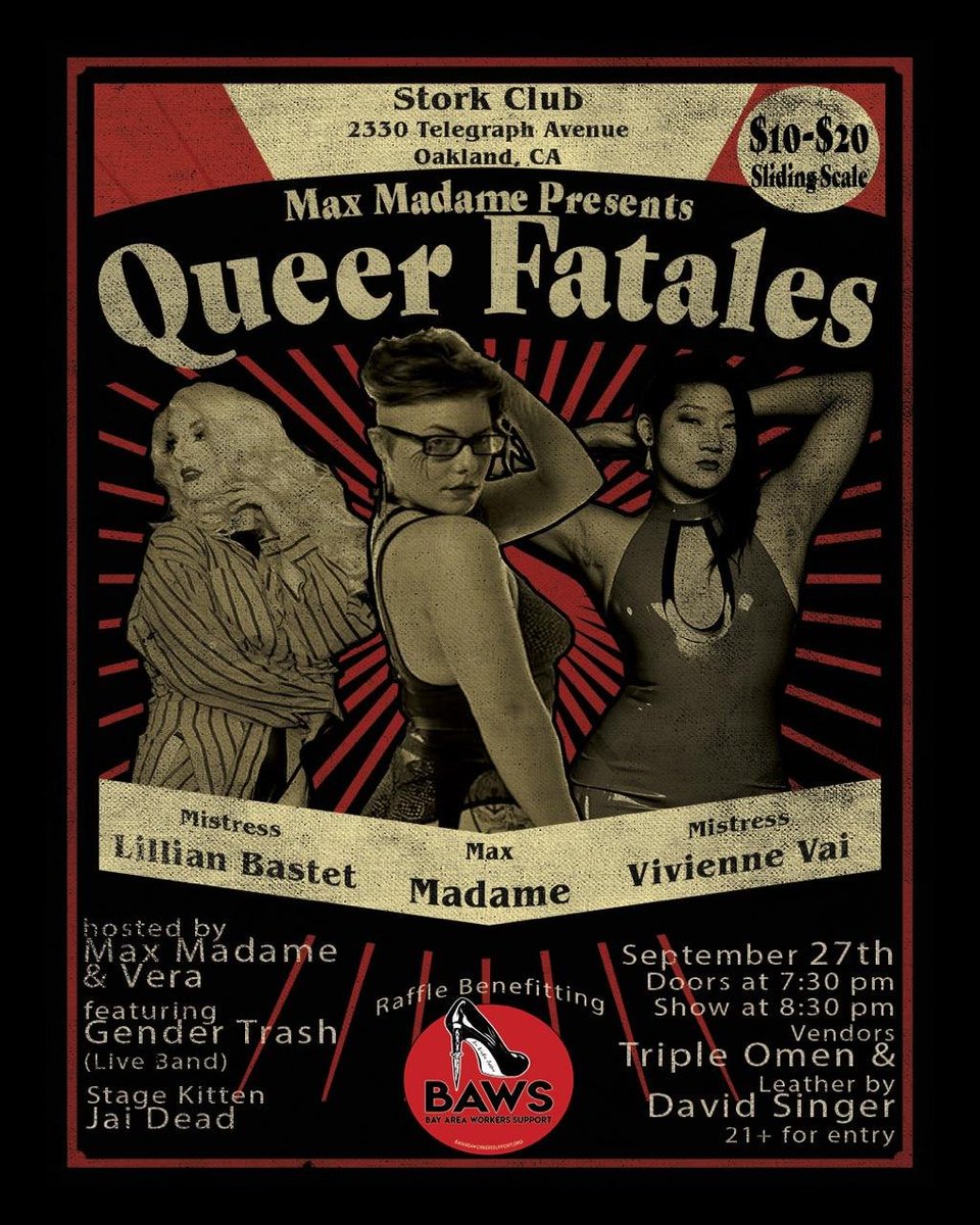We've donated a few CrashPadSeries.com memberships to "Queer Fatales" with a big raffle benefiting <a href="/BAWSupport/">Bay Area Workers Support</a>! The show features a few familiar faces like <a href="/MaxMadame/">Max Madame</a> &amp; <a href="/VivienneVai/">VivienneVai</a>! Friday, Sept 27th at the Stork Club in Oakland. Be there!

facebook.com/events/5149281…