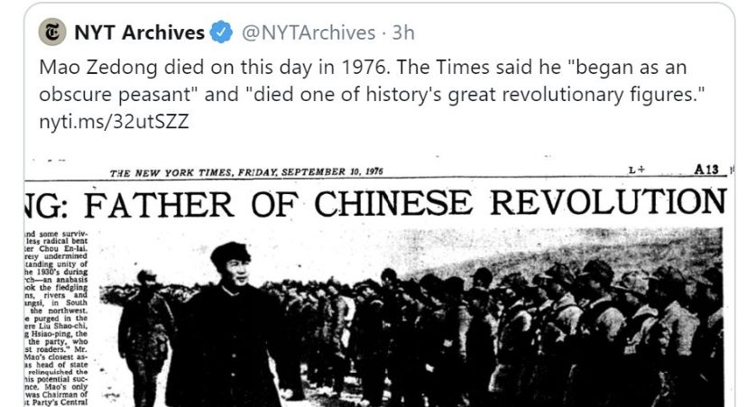 pluralistmedia's tweet photo. “We’ve deleted a previous tweet about Mao Zedong that lacked critical historical context."

The New York Times deleted a tweet in which it appeared to praise Communist leader Mao Zedong.

Some experts consider Zedong one of the greatest mass murderers in world history ... https://t.co/Rc54DhnwJj