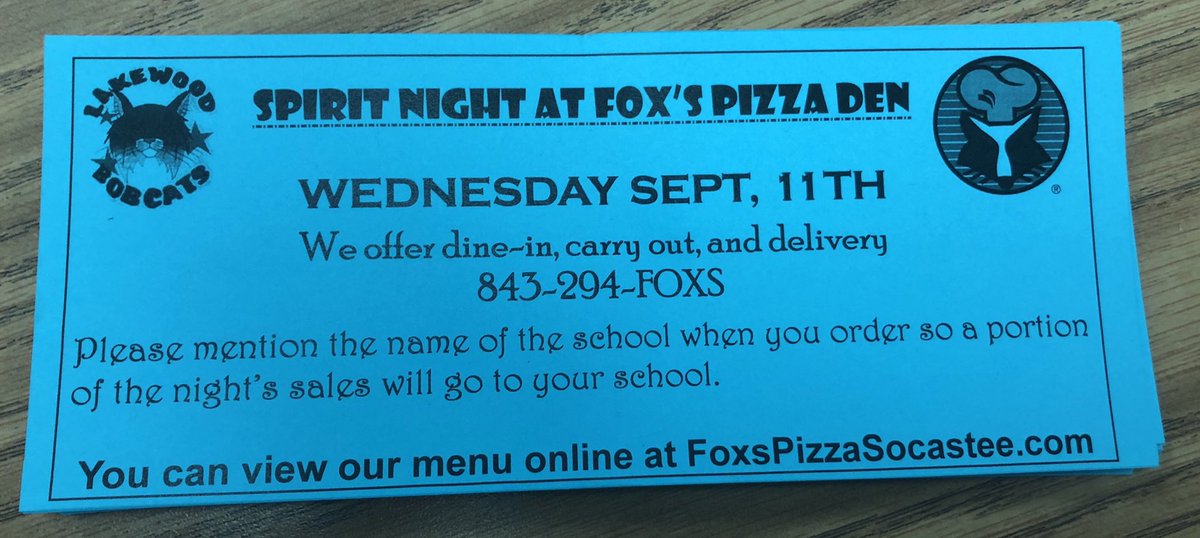 lke5th's tweet photo. Stop by Fox’s Pizza for spirit night tomorrow night! No cooking plus our school earns money! #winwin #ourlkestory #lkebobcats https://t.co/hlHO3uUnQp