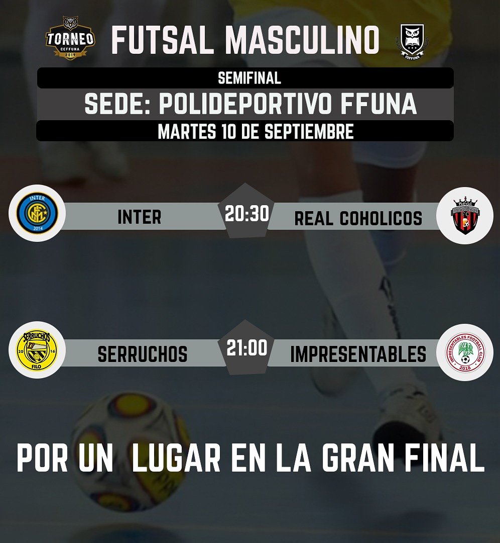 DeportesCeffuna's tweet photo. 🚨 ¡HOY CONOCEREMOS A LOS FINALISTAS! 🚨

🗓 Estos son los duelos a disputarse el día de hoy por las Semifinales del #TorneoCEFFUNA 🏆 en Futsal Masculino ⚽🏃🏻‍♂ https://t.co/7PdZKv809d