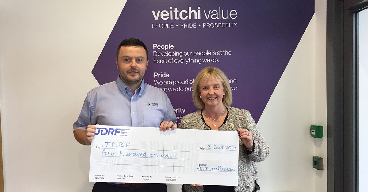 VeitchiValue's tweet photo. Veitchi Industrial Flooring presenting a cheque to 'Juvenile Diabetes Research Foundation' @JDRFUK for a total of £400 raised. A big thanks to our friends @Tilecraft_UK for assistance in this project  #veitchivalue #payitforward https://t.co/qJUSGW6yCp