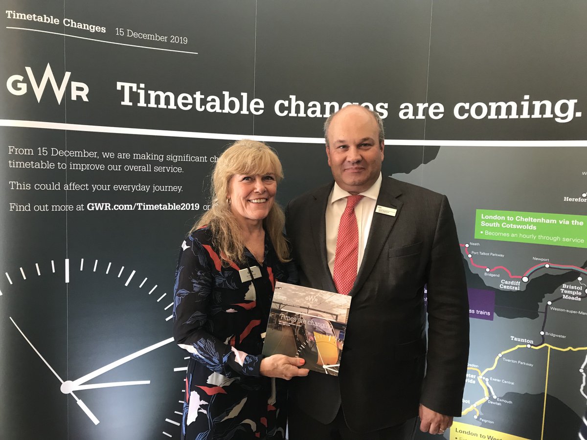 SWRailTaskforce's tweet image. Chair of the #PRTF board @CllrAndreaDavis with @GWRHelp Director Mark Hopwood at the launch of the #timetablechanges for December 2019

#rail #timetable #gwr #connectivity