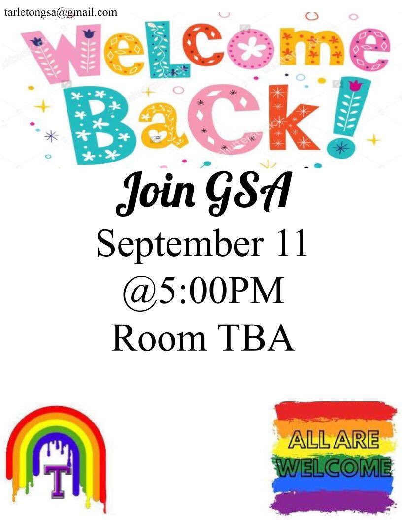 tarletongsa's tweet photo. Hay y’all! Tomorrow we are having our first GSA meeting at 5! The room will be announced later. Hope to see y’all there! https://t.co/jKb3cIuqiF