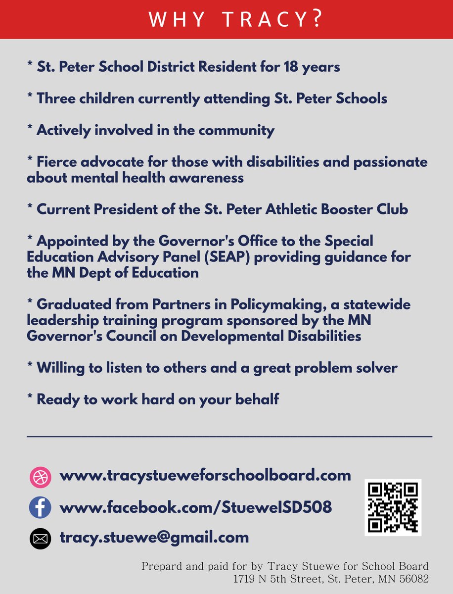 tracystuewe's tweet photo. I am running for a seat on the St. Peter School Board. Check out my website or Facebook page to learn more. https://t.co/G3aviMGOPw
https://t.co/imxWKYptmD
#stpeterschoolboard #candidate #tracyforschoolboard #puttingstudentsfirst #letsgetitdone https://t.co/9ysNRWAelu