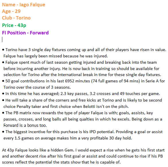FIValueHunters's tweet photo. FI Value Hunters - Johnny

Name - Iago Falque
Age - 29
Club - Torino
Price - 43p

30 Goals, 20 Assists and 172 Key Passes in his last 74 full league games

Very PB friendly with the new matrix and a potential IPD beast

#ValueHunted

#FootballIndex #FICommunity https://t.co/o3GK6Q1XgN