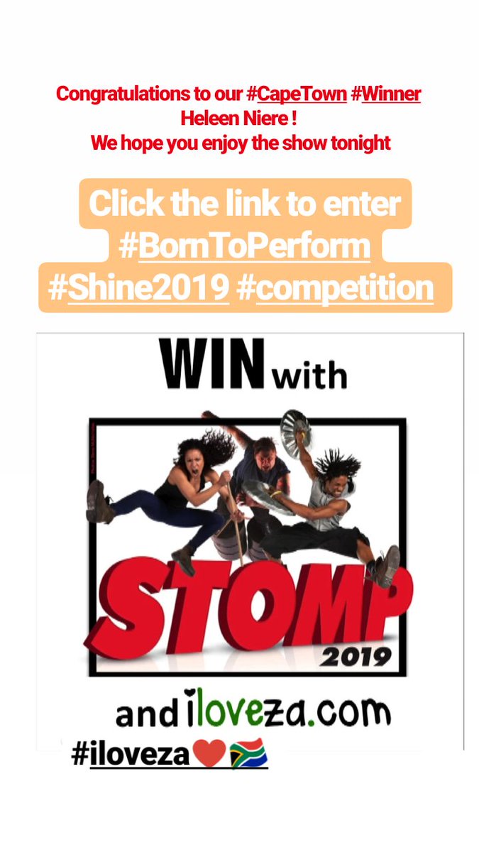 ilovezacom's tweet photo. Congratulations to our #CapeTown #StompSA #Winner Heleen Niere! 

We hope you enjoy the show tonight!

Check out our latest #Competition :
https://t.co/fFltpgnHxj
#Shine2019 #BornToPerform 

#Giveaway #SouthAfrica #SouthAfrican https://t.co/pPDmaEJhCD