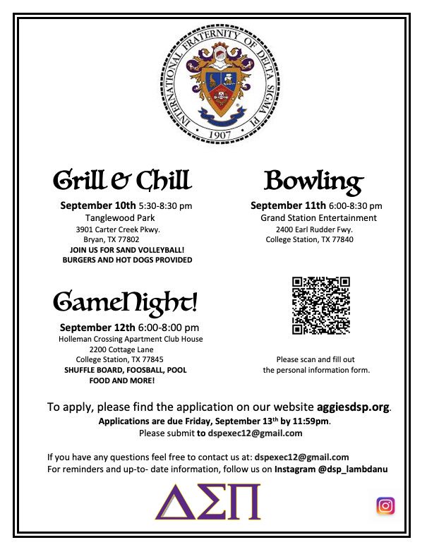 TAMUDSP's tweet image. Y’all come out to our recruitment events starting TONIGHT! Come learn about how to join the best Business Fraternity in the world 😉