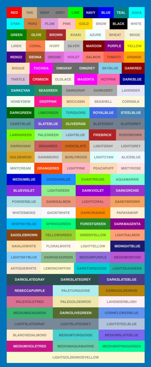 wesbos's tweet image. Every CSS colour name, sorted by length
