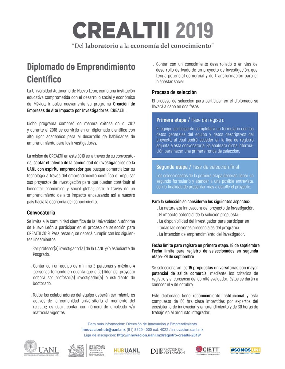 uanl's tweet photo. ¿Eres investigador o estudiante de doctorado de la #UANL y buscas emprender? El programa #CREALTII del #HubUANL es ideal para ti. ¡Regístrate antes del 18 de septiembre! https://t.co/Hlq5w6GSHC https://t.co/f2B9fROY0F