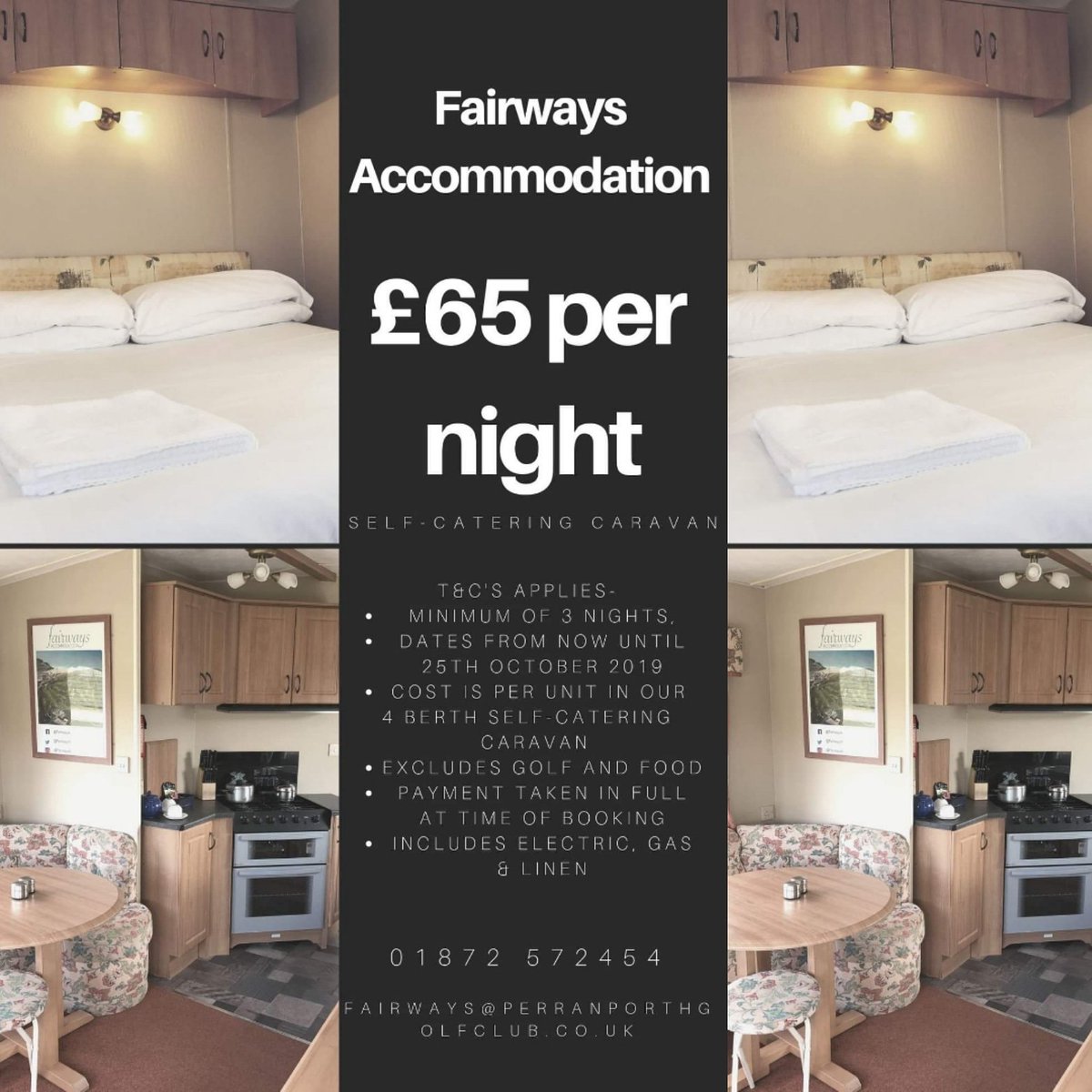 ONLY £65per night in our self-catering caravans from now until 25th October '19
T&amp;C's
- Minimum of 3 nights
- Cost is per unit in our self-catering caravan
- Excludes golf and food
- Payment taken in full at time of booking
- Includes electric, gas and linen
#golfbreaks #cornwall