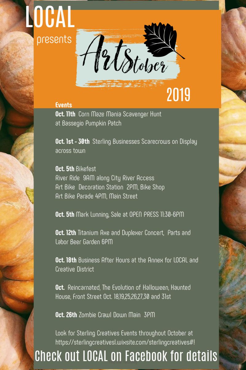 CSUNREC's tweet image. The Logan County Arts League (LOCAL) presents a month full of events to bring NE Colorado Artists and art lovers together @ExploreSterling.  Check out the schedule below and come support your LOCAL artists!  #LOCAL #Artstober #arts