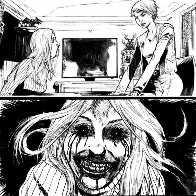 Two panels from two different pages, from the new horror story I'm doing with @Justin_Jordan #horror #comics #teaser 
