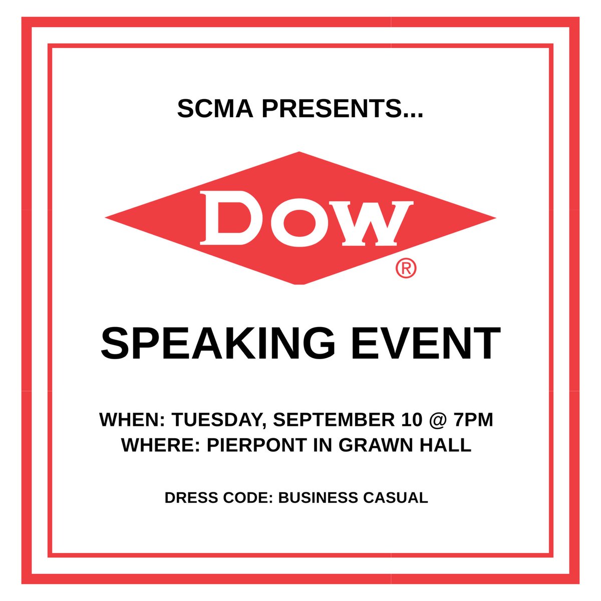 cmuscma's tweet photo. Tonight is our first company speaking event of the semester!  Dow Chemical will be discussing their work &amp; internships / full time opportunities.  Pizza will be served at 6:45pm. Hope to see you there! https://t.co/4BXKrLSSG1