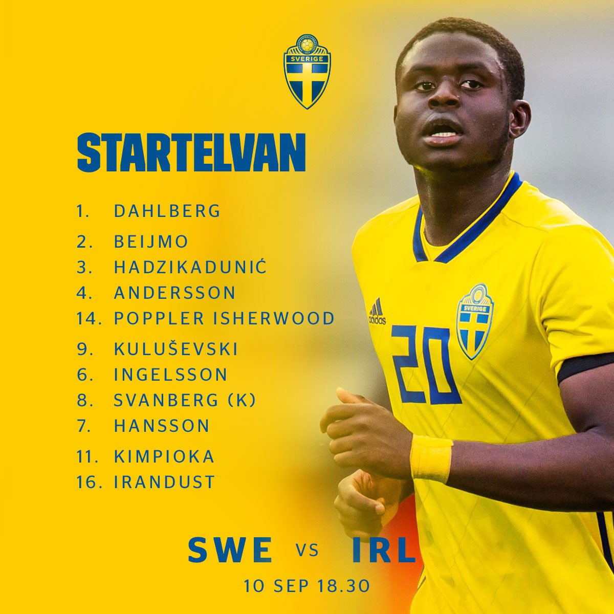 svenskfotboll's tweet photo. Ikväll kl 18.30 spelar #sweu21 första matchen i kvalet till U21-EM 2021. Irland står för motståndet på Guldfågeln Arena i Kalmar. Matchen sänds i TV12/C More. #viärsverige  #U21EURO https://t.co/efvuFJ21vd