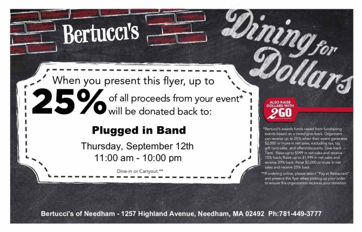 PluggedInBand's tweet image. This Thursday- Eat at Bertucci's Needham and Support Plugged In conta.cc/2LKUKOv
