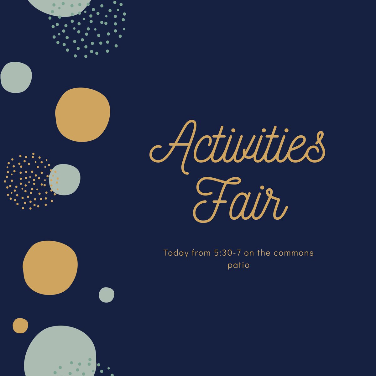 Join us TONIGHT from 5:30-7 for the activities fair! We will have information about this semester’s clients as well as our first meeting of the semester! We can’t wait to see you there 🤩