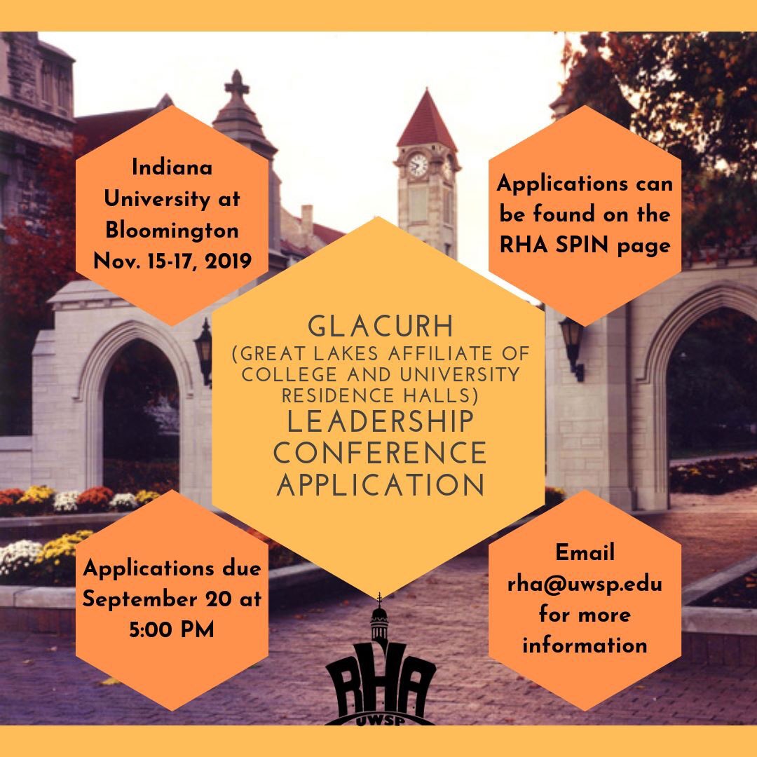 UWSP_RHA's tweet photo. Check out our SPIN page for the link to the GLACURH application! Due on September 20th at 5:00 PM.

Link to application:
https://t.co/VssXEy5L6d https://t.co/aXs70HQagI