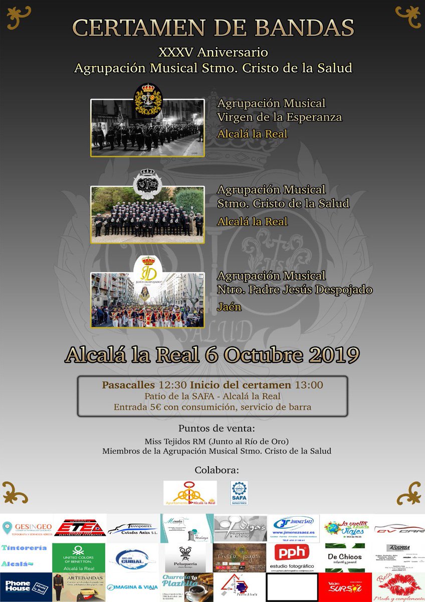 CERTAMEN XXXV ANIVERSARIO 
El próximo día 6 de octubre tendrá lugar un certamen de bandas con motivo de nuestro XXXV Aniversario, junto con <a href="/AMVEsperanza/">AM Virgen de la Esperanza</a> y <a href="/JesusDespojado/">A.M. Ntro. Padre Jesús Despojado</a>. ¡No te lo puedes perder! #Salud #XXXVAniversario