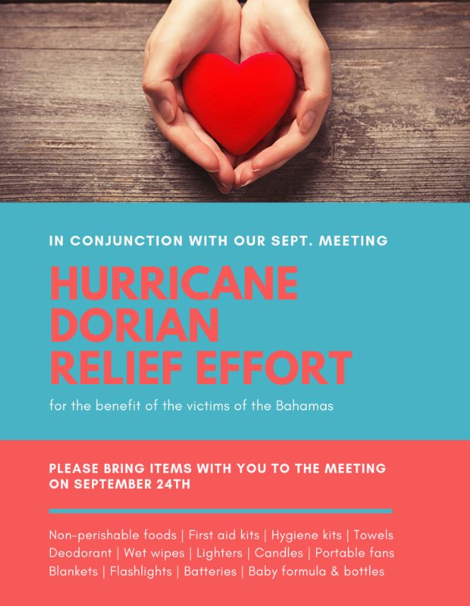 PhillyBTA's tweet photo. In conjunction with South Florida BTA's efforts, in support of Hurricane Dorian Relief, we will be collecting items at our September 19th meeting. (**Please note the date referenced on the flyer is the date of the South Florida BTA's September meeting.) @GBTASouthFL https://t.co/NL7BVM0wuu