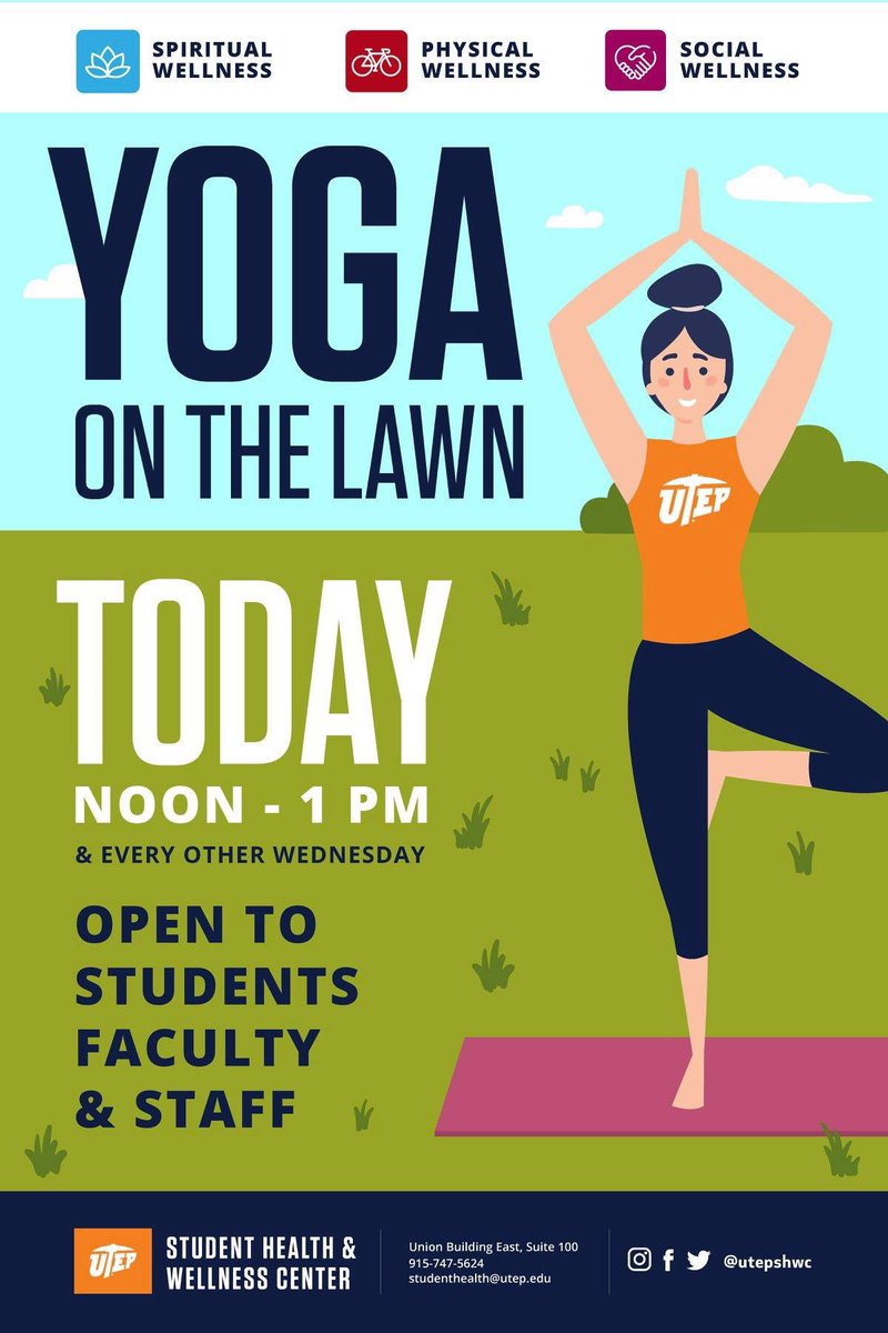 UTEPshwc's tweet photo. Bring you YOGA mat and your workout clothes!!! See you tomorrow for this FREE event!! 🧘‍♀️ 
#UTEP #MinerStrong https://t.co/6YhT37jE5x