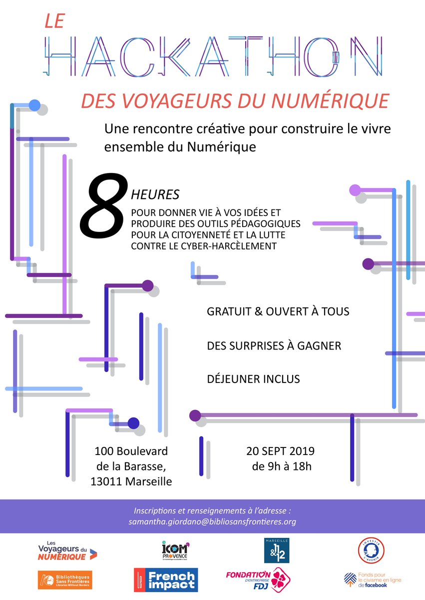 SamGiordanoo's tweet photo. Les @VoyageursduNum organise le 20 septembre un #hackathon à @marseille . L'objectif : créer des outils innovants de #sensibilisation au #cyberharcelement. Etudiant, bibliothécaire, enseignant, médiateur ou simplement intéressé par le sujet ? We need you ! https://t.co/WAjHkgTuc2 https://t.co/RwTk1n9AXw