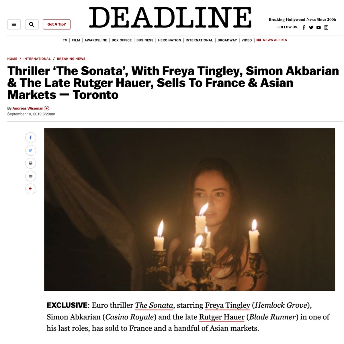 More exciting news for The Sonata from Toronto via <a href="/DEADLINE/">Deadline</a>!  <a href="/thesonatamovie/">thesonatamovie</a> has sold to France with <a href="/CondorFilm/">Condor</a>  &amp; the Asian markets. 
Release scheduled for 2020! #thesonata 

deadline.com/2019/09/freya-…