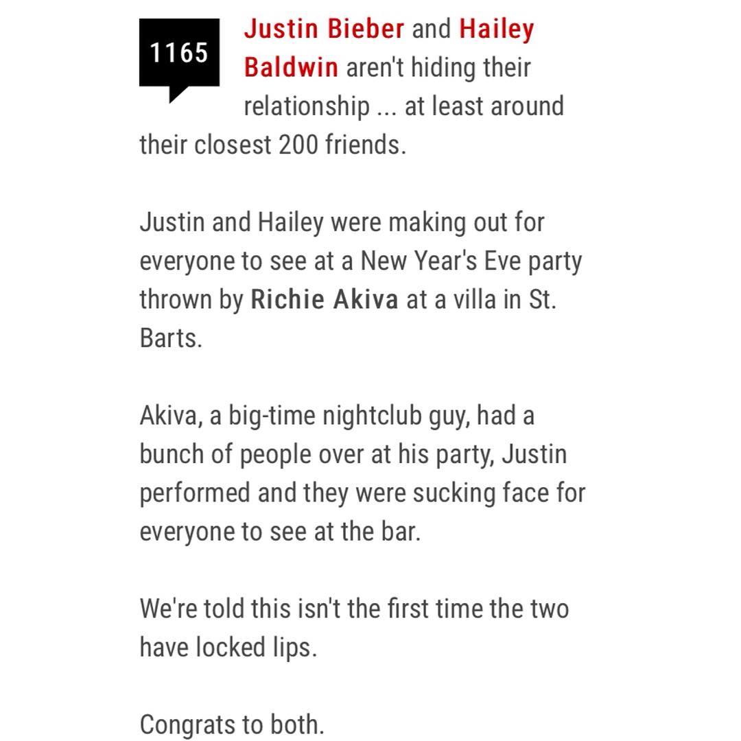 December 31, 2015: Hailey and Justin attend a New Year's party in St Barths. "Justin and Hailey were making out for everyone to see"