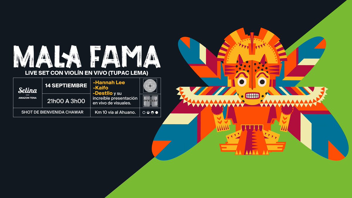 Este sábado live set con Tupac Lema en el violin @ Selina Tena! Dj sets de <a href="/hannahlee_bb/">lee haavi</a> y Kaifo, Visuales por Destllo.
facebook.com/events/2419643…