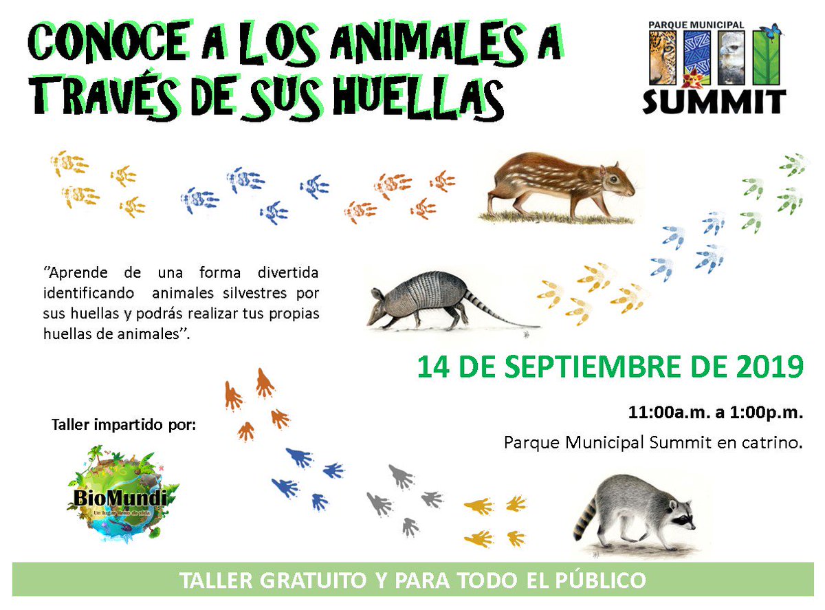 No te pierdas el ''Taller de Huellas de animales'' te esperamos en el <a href="/ParqueSummit/">Parque Summit</a> este 14 de septiembre de 11:00am a 1:00pm, donde podrás descubrir de forma divertida a los animales a través de sus huellas.