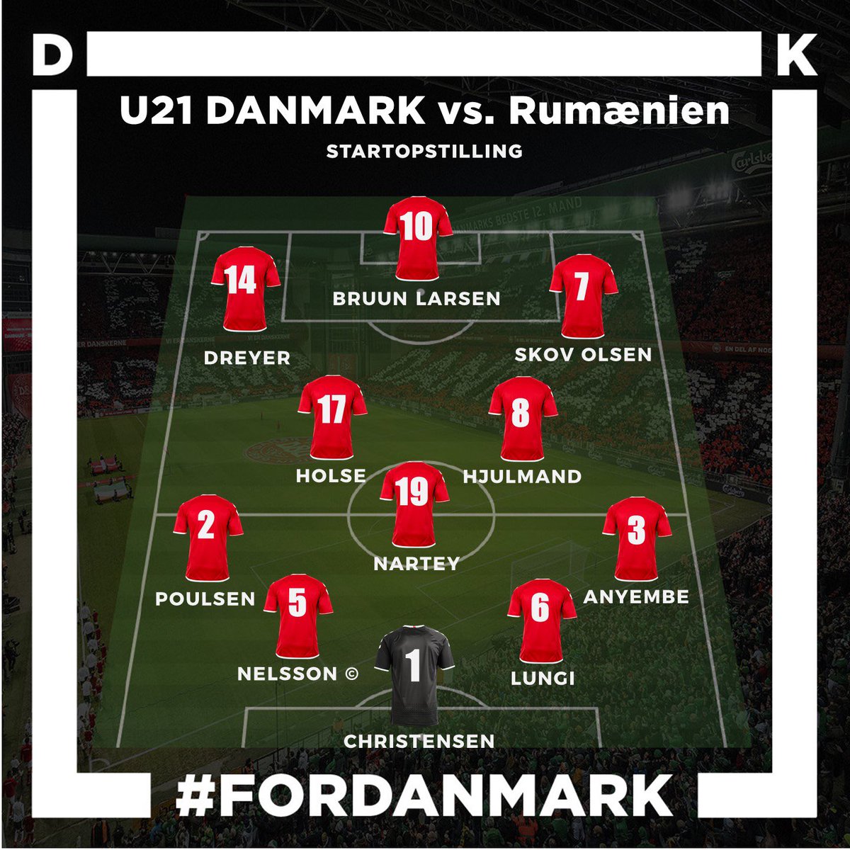 dbulandshold's tweet photo. Det danske U21-landshold tager om en time hul på deres EM-kvalifikation mod Rumænien⚽️. Se hvem der starter for Danmark herunder og opgøret direkte på @6erendk fra 18.00 #ForDanmark #DANRUM🇩🇰🇹🇩 https://t.co/pxWJEqLspz