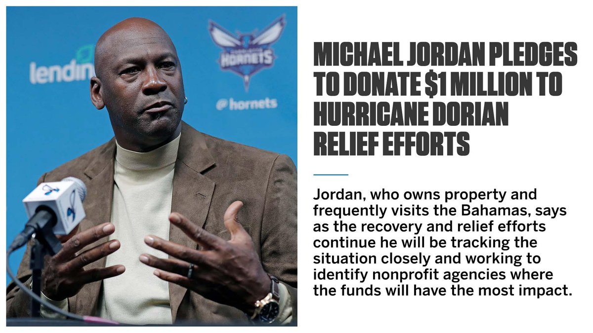 espn's tweet image. Michael Jordan announced that he will donate $1million to organizations assisting with Hurricane Dorian relief efforts in the Bahamas.
