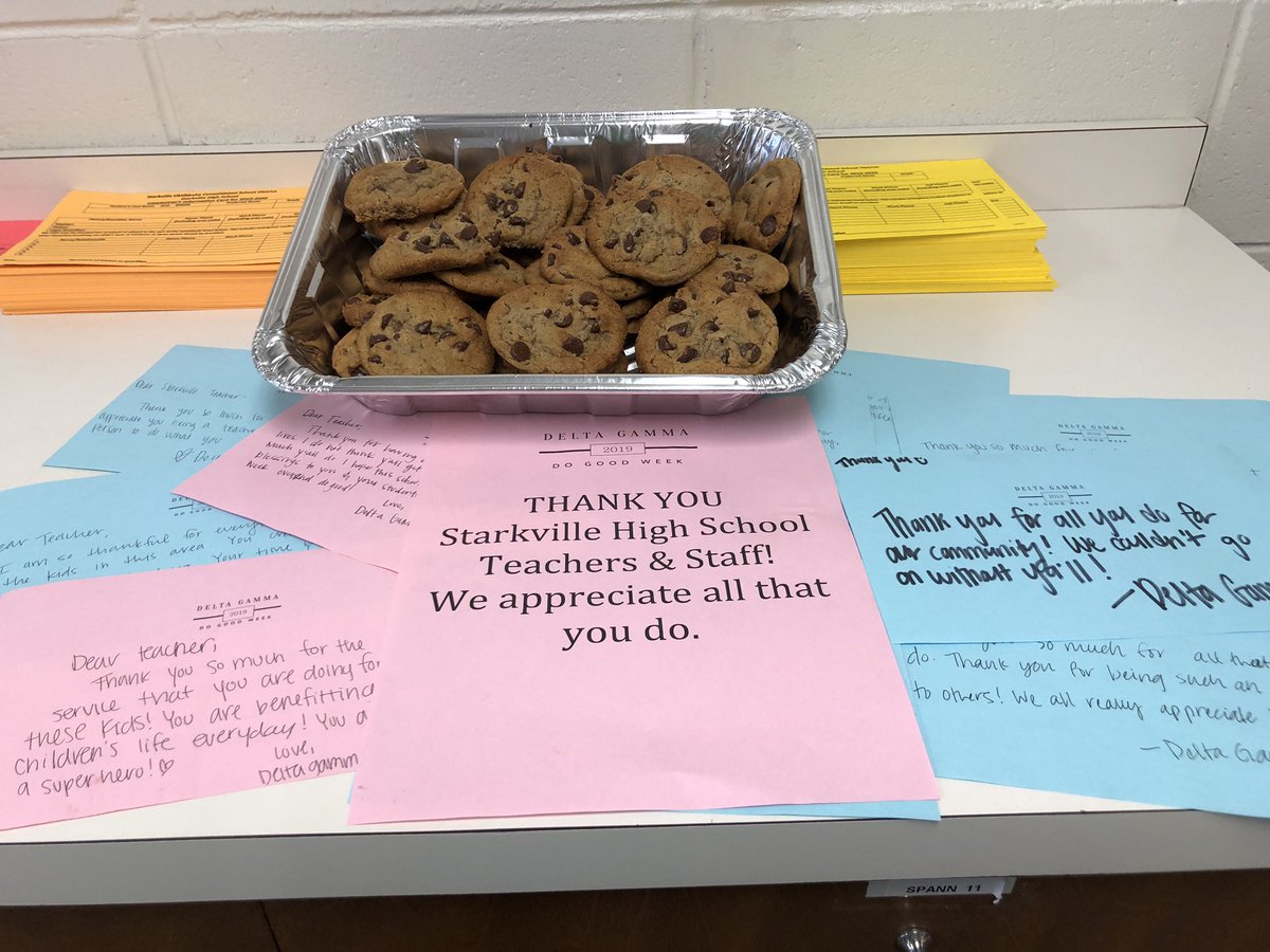 Thanks <a href="/deltagamma/">Delta Gamma Fraternity</a> <a href="/msstate/">Mississippi State</a> for the special treat and notes supporting the staff of SHS.  <a href="/StarkvilleSD/">Starkville Schools</a> #ExpectExcellence <a href="/YellowJacket603/">Sean McDonnall</a>